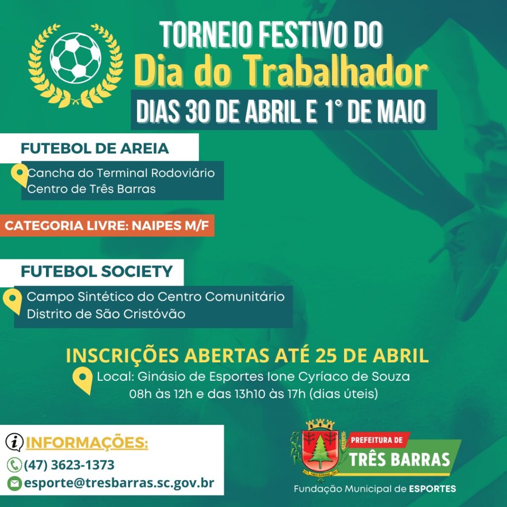 Torneios de Futebol alusivos ao Dia do Trabalhador reunirão 21 equipes em  Três Barras - Prefeitura de Três Barras